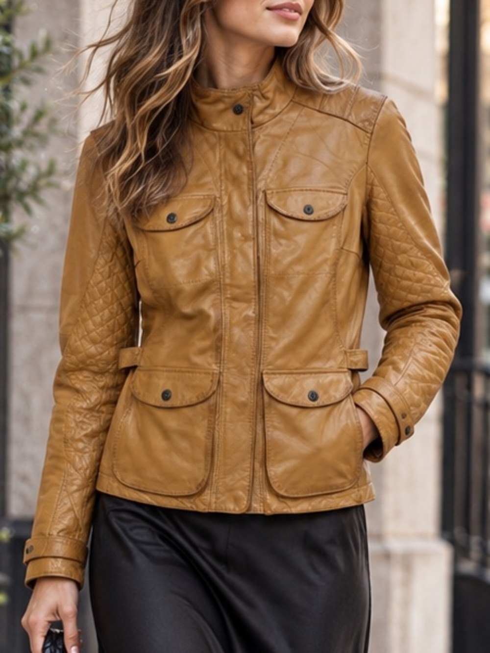 Eddie Bauer Women's Cognac Tan Quilted Utility Moto Leather Jacket L
